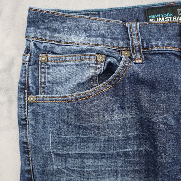 RS Pants Mens 32 Blue New York Slim Straight Mid Rise Zip Dark Wash Denim Jeans - Picture 12 of 16